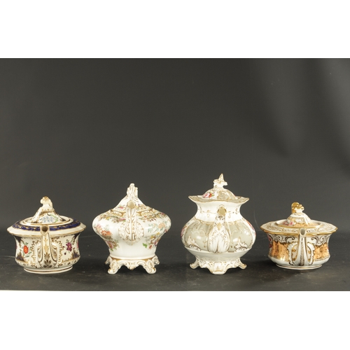 51 - A COLLECTION OF FOUR MID 19TH CENTURY ENGLISH PORCELAIN TEAPOTS comprising three hand painted with f... 