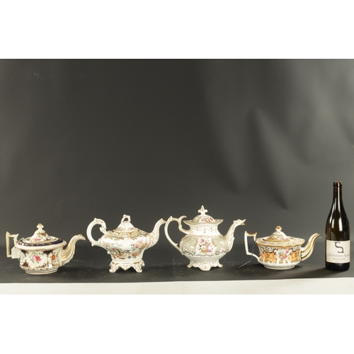 51 - A COLLECTION OF FOUR MID 19TH CENTURY ENGLISH PORCELAIN TEAPOTS comprising three hand painted with f... 