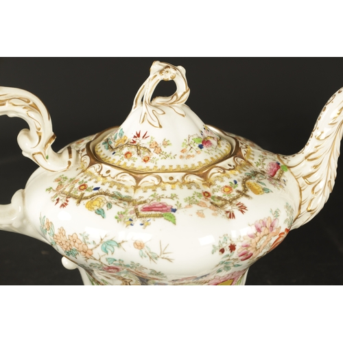 51 - A COLLECTION OF FOUR MID 19TH CENTURY ENGLISH PORCELAIN TEAPOTS comprising three hand painted with f... 