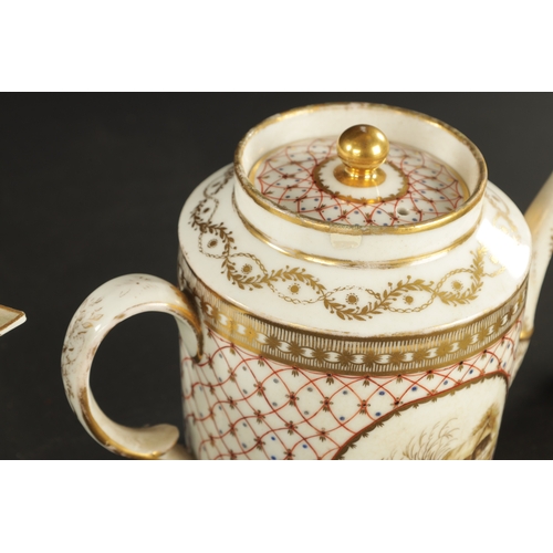 52 - TWO 18TH CENTURY PARIS PORCELAIN CYLINDRICAL TEAPOTS TOGETHER WITH A PARIS COFFEE CUP AND SAUCER PAI... 