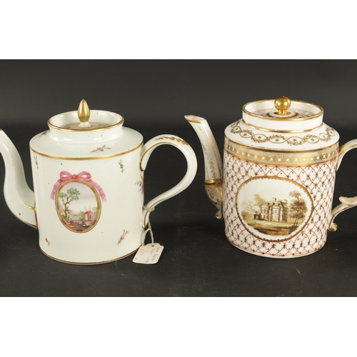 52 - TWO 18TH CENTURY PARIS PORCELAIN CYLINDRICAL TEAPOTS TOGETHER WITH A PARIS COFFEE CUP AND SAUCER PAI... 