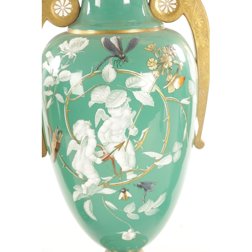 6 - A MID 19TH CENTURY CONTINENTAL PATE-SUR-PATE GLASS VASE GARNITURE decoration of cherubs and insects ... 