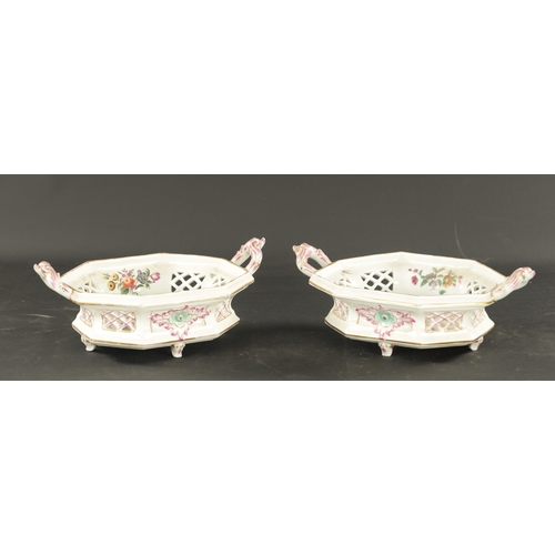 79 - A PAIR OF LATE 19TH CENTURY MEISSEN STYLE COMPORTS handpainted with birds flowers and insects. (34CM... 