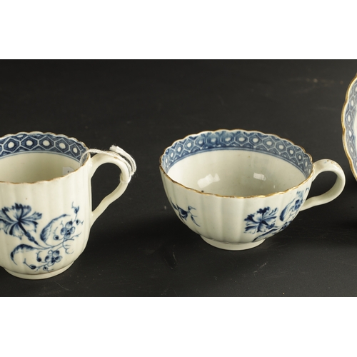 82 - A WORCESTER GILLY FLOWER PATTERN FLUTED TRIO TOGETHER WITH A LIVERPOOL PORCELAIN CUP, TWO WORCESTER ... 