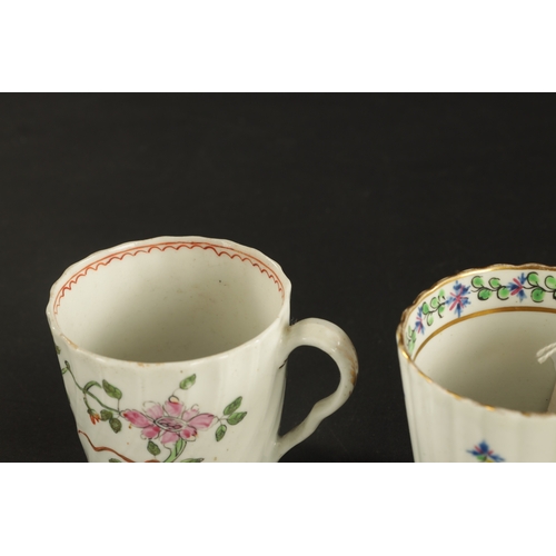 82 - A WORCESTER GILLY FLOWER PATTERN FLUTED TRIO TOGETHER WITH A LIVERPOOL PORCELAIN CUP, TWO WORCESTER ... 