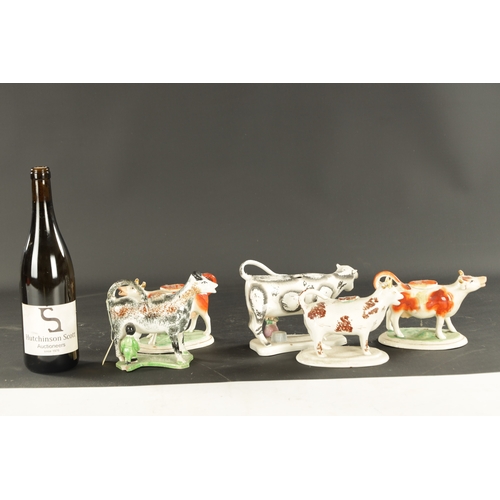 85 - A COLLECTION OF LATE 19TH CENTURY STAFFORDSHIRE POTTERY COW CREAMERS (20cm across and smaller)