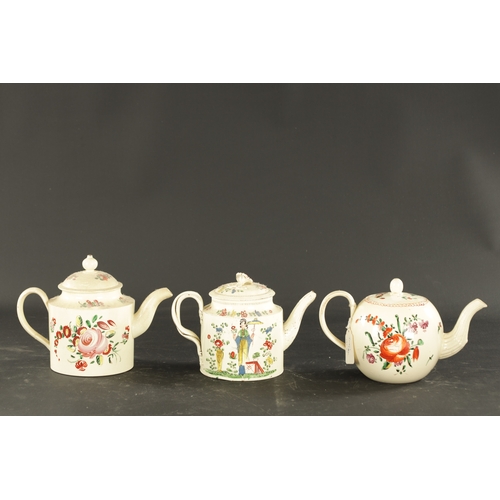 88 - THREE LATE 18TH CENTURY LEEDS CREAMWARE TEAPOTS WITH POLYCHROME DECORATION (15cm high and smaller)