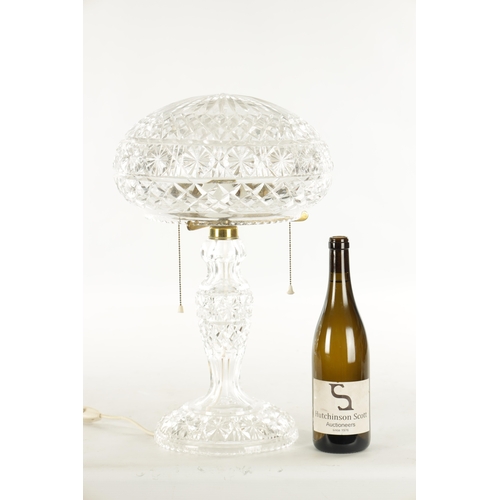 9 - A STYLISH 1920’S CUT GLASS MUSHROOM SHAPED TABLE LAMP with brass fitting and double bulb. (50cm high... 