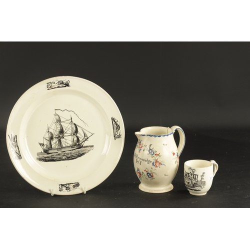 98 - THREE PIECES OF CREAMWARE comprising a Leeds creamware jug inscribed 'M Brownridge' dated 1801, a Le... 