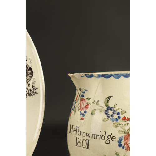 98 - THREE PIECES OF CREAMWARE comprising a Leeds creamware jug inscribed 'M Brownridge' dated 1801, a Le... 