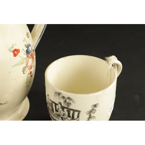 98 - THREE PIECES OF CREAMWARE comprising a Leeds creamware jug inscribed 'M Brownridge' dated 1801, a Le... 