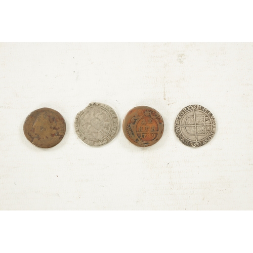 450 - A COLLECTION OF FOUR EARLY COINS comprising of a 1592 Queen Elizabeth I silver Sixpence, an Edward I... 