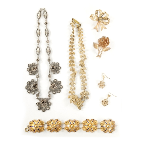 458 - A COLLECTION OF VINTAGE SILVER AND SILVER GILT JEWELLERY of filigree floral designs comprising two n... 