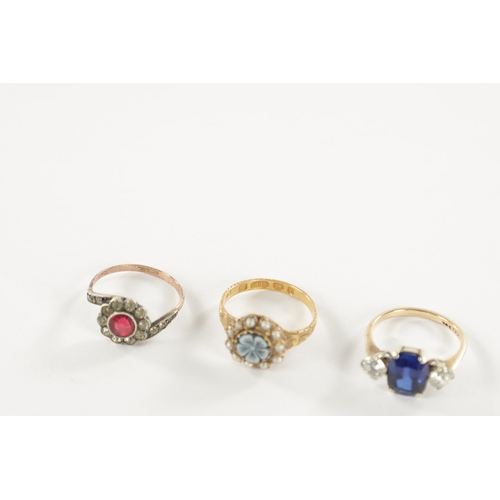 462 - A COLLECTION OF THREE GOLD RINGS comprising a 9ct gold ring with synthetic ruby, a 15ct gold sardony... 