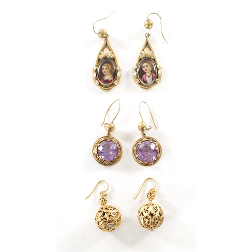 475 - A COLLECTION OF THREE PAIRS OF 9CT GOLD EARRINGS, a pair with gold and amethyst earrings, a pair of ... 