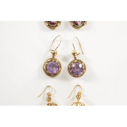 475 - A COLLECTION OF THREE PAIRS OF 9CT GOLD EARRINGS, a pair with gold and amethyst earrings, a pair of ... 