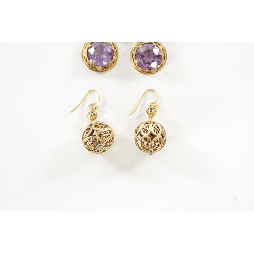 475 - A COLLECTION OF THREE PAIRS OF 9CT GOLD EARRINGS, a pair with gold and amethyst earrings, a pair of ... 