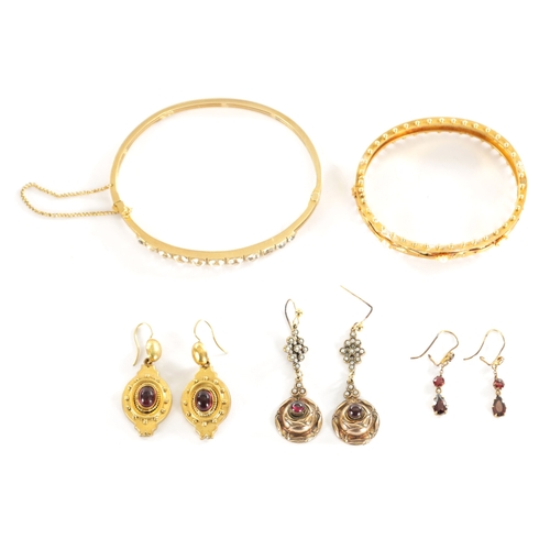 478 - A COLLECTION OF ANTIQUE GILT METAL JEWELLERY comprising of two bracelets and three pairs of earrings... 