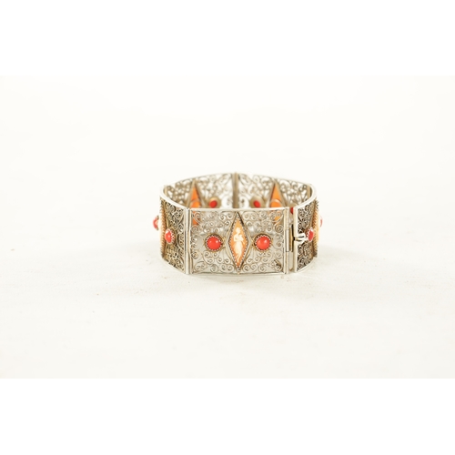 479 - A VINTAGE FRENCH SILVER FILIGREE BRACELET set with cabochon coral and figural cameos. (18.5cm long)