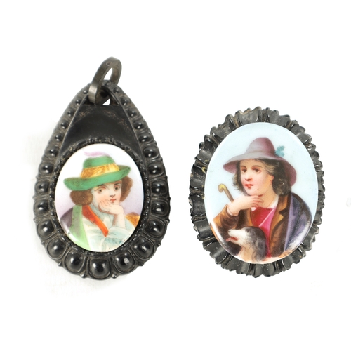 480 - A VICTORIAN CARVED JET AND PORCELAIN MINIATURE BROOCH AND PENDANT both painted portraits of gentlema... 