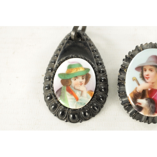 480 - A VICTORIAN CARVED JET AND PORCELAIN MINIATURE BROOCH AND PENDANT both painted portraits of gentlema... 