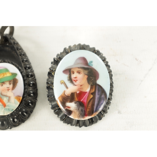 480 - A VICTORIAN CARVED JET AND PORCELAIN MINIATURE BROOCH AND PENDANT both painted portraits of gentlema... 