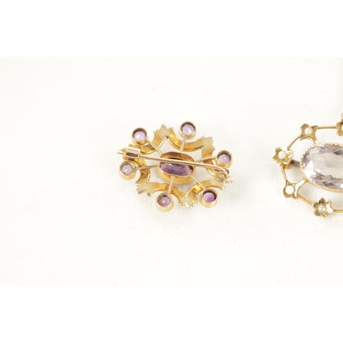 493 - TWO VINTAGE 9CT GOLD AMETHYST AND PEARL BROOCHES with oval cut centre stones, total weight app. 9g. ... 