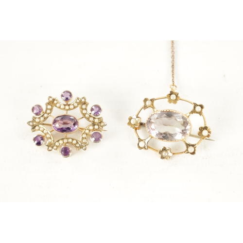 493 - TWO VINTAGE 9CT GOLD AMETHYST AND PEARL BROOCHES with oval cut centre stones, total weight app. 9g. ... 