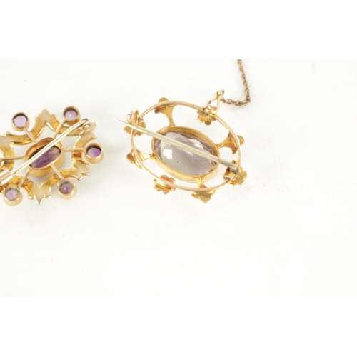 493 - TWO VINTAGE 9CT GOLD AMETHYST AND PEARL BROOCHES with oval cut centre stones, total weight app. 9g. ... 