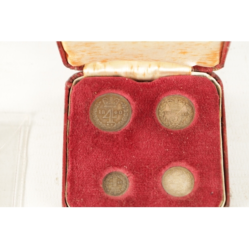 496 - A COLLECTION OF VICTORIAN SILVER COINS comprising of a case set of four 1840 Maundy money coins, an ... 