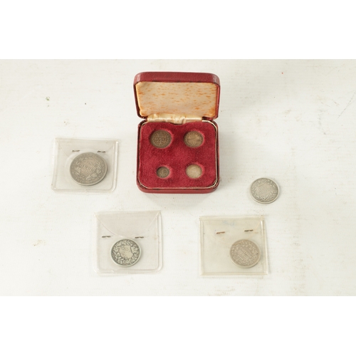 496 - A COLLECTION OF VICTORIAN SILVER COINS comprising of a case set of four 1840 Maundy money coins, an ... 