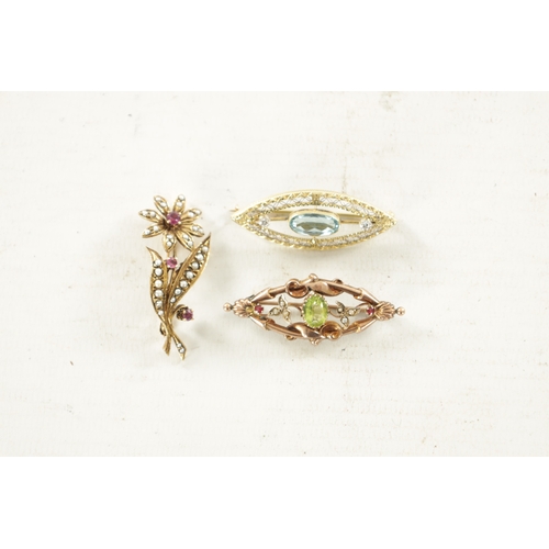 499 - THREE VINTAGE GOLD BROOCHES comprising of a 14ct yellow and white gold aquamarine and diamond brooch... 