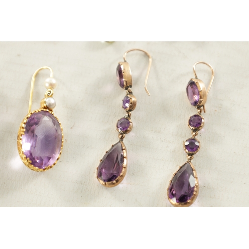 503 - A COLLECTION OF FOUR PAIRS OF 9CT GOLD EARRINGS a large pair of oval cut amethyst, a pair of pear cu... 