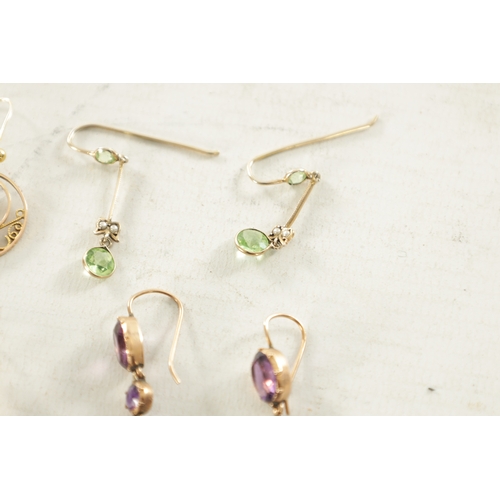 503 - A COLLECTION OF FOUR PAIRS OF 9CT GOLD EARRINGS a large pair of oval cut amethyst, a pair of pear cu... 