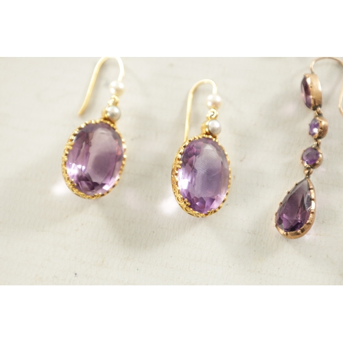 503 - A COLLECTION OF FOUR PAIRS OF 9CT GOLD EARRINGS a large pair of oval cut amethyst, a pair of pear cu... 