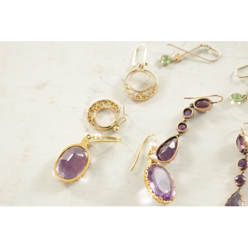 503 - A COLLECTION OF FOUR PAIRS OF 9CT GOLD EARRINGS a large pair of oval cut amethyst, a pair of pear cu... 