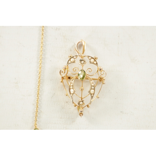 505 - AN EDWARDIAN 9CT GOLD PERIDOT AND SEED PEARL NECKLACE AND BROOCH SET total weight app. 10g