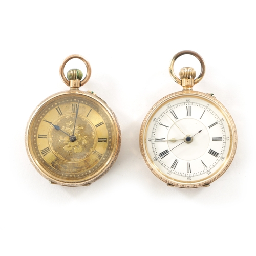 518 - TWO 14CT GOLD LADIES FOB WATCHES both open face with keyless spring-driven movements, one signed Fat... 