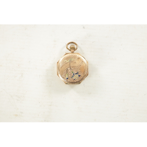 526 - A 9CT ROSE GOLD FOB WATCH with an engraved octagonal case enclosing an enamel dial with Roman numera... 