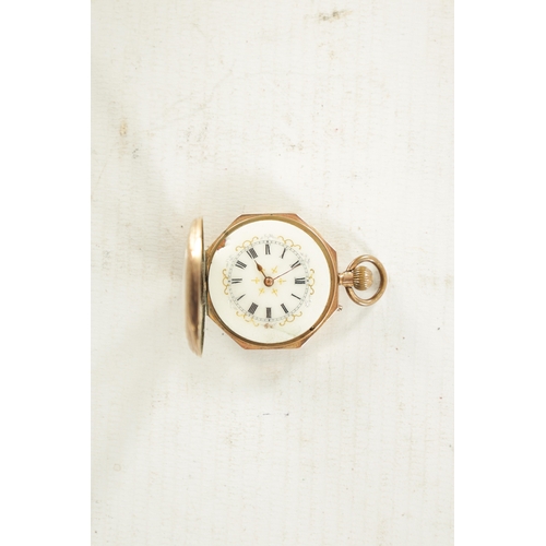 526 - A 9CT ROSE GOLD FOB WATCH with an engraved octagonal case enclosing an enamel dial with Roman numera... 