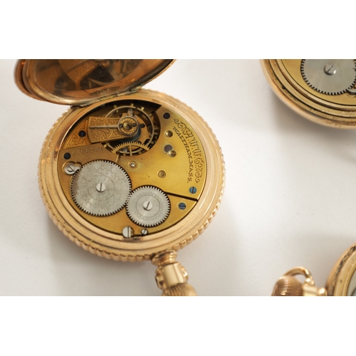 527 - A COLLECTION OF FIVE AMERICAN ROLLED GOLD POCKET WATCHES comprising of three Waltham's, all keyless ... 