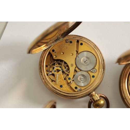 527 - A COLLECTION OF FIVE AMERICAN ROLLED GOLD POCKET WATCHES comprising of three Waltham's, all keyless ... 