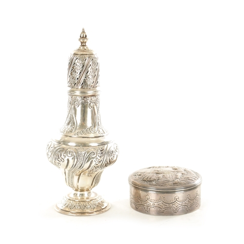 539 - A LATE 19TH CENTURY SILVER SUGAR CASTER AND A GEORGE III SILVER AND SILVER GILT LIDDED BOX the caste... 