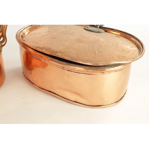 549 - A 19TH CENTURY SEAMED OVAL COPPER FISH KETTLE AND COVER another oval copper pan and a brandy saucepa... 