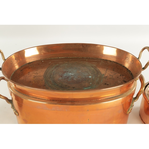 549 - A 19TH CENTURY SEAMED OVAL COPPER FISH KETTLE AND COVER another oval copper pan and a brandy saucepa... 