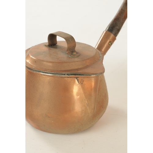 549 - A 19TH CENTURY SEAMED OVAL COPPER FISH KETTLE AND COVER another oval copper pan and a brandy saucepa... 