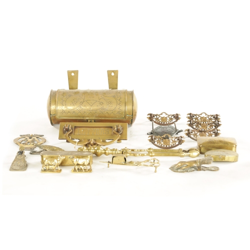 550 - A COLLECTION OF VARIOUS 19TH CENTURY BRASSWARE including a candle box and three snuff boxes with eng... 