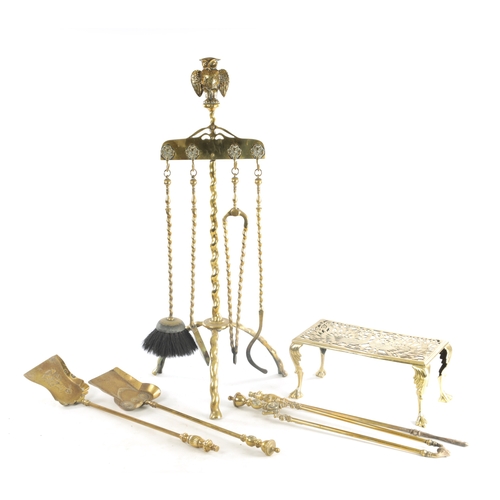 558 - AN 18TH CENTURY DUTCH BRASS HEARTH COMPANION STAND together with a Victorian brass heath stand and t... 