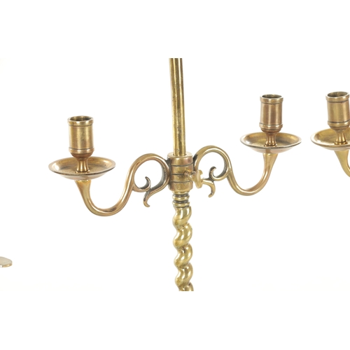 566 - A PAIR OF 18TH CENTURY CAST BRASS ADJUSTABLE CANDLELIGHTS TOGETHER WITH A LARGE PAIR OF 19TH CENTURY... 