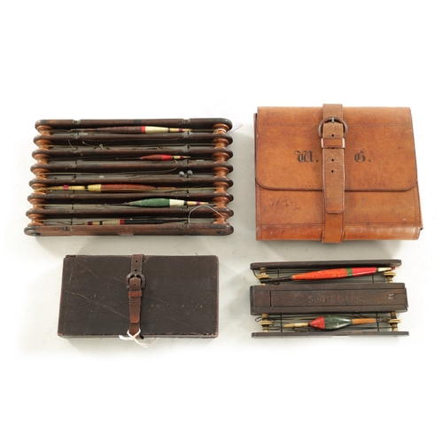 584 - A COLLECTION OF LATE 19TH/EARLY 20TH CENTURY FLOAT FISHING WINDERS together with a leather pouch con... 